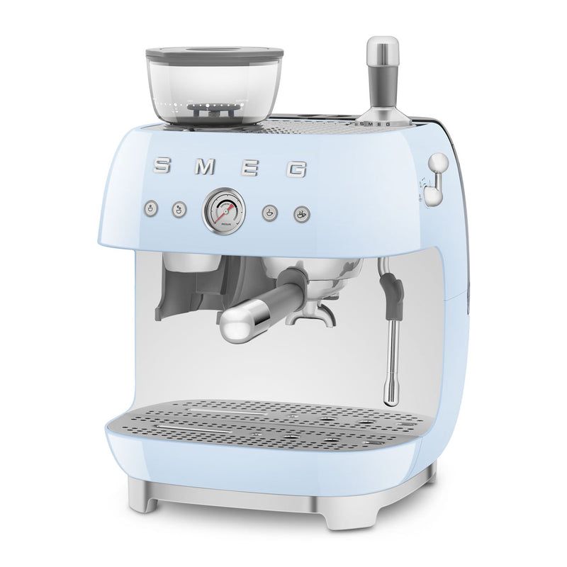Smeg espresso machine with pastel blue grinder EGF03PBEU