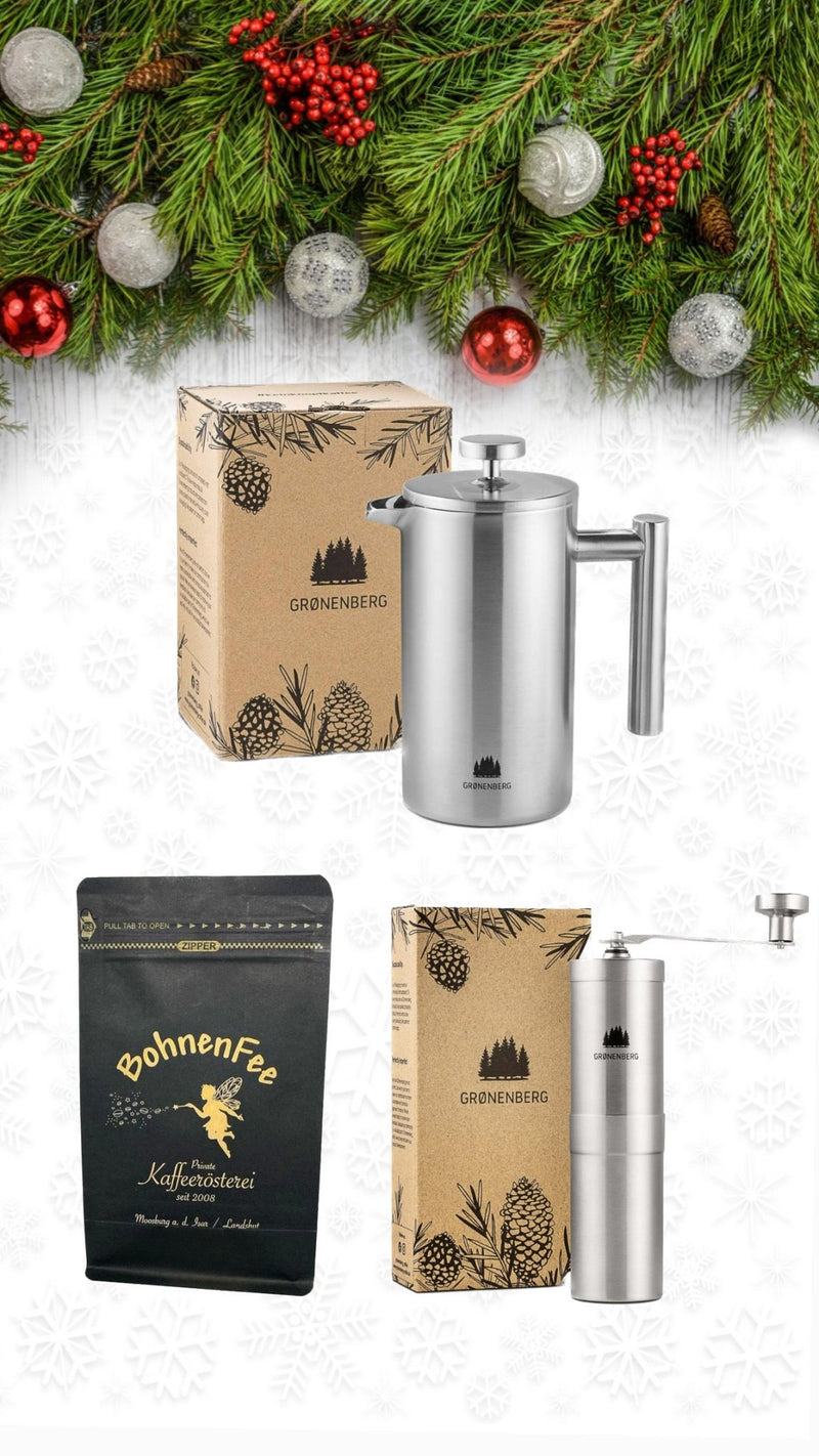 Coffret cadeau filtre 3 : moulin à café manuel + cafetière à piston (3 tailles au choix) + grains de café