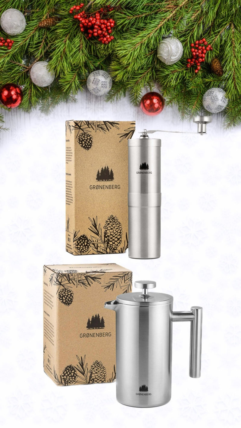 Coffret cadeau filtre : moulin à café manuel + cafetière à piston (3 tailles au choix)