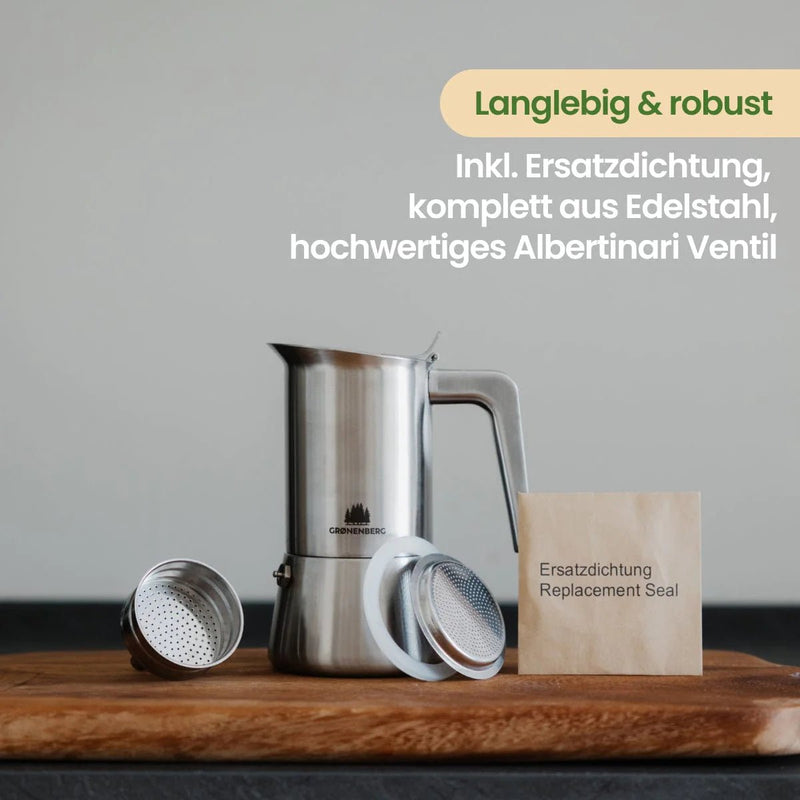 Groenenberg Edelstahl Espressokocher 4 Bags (200 ml) | Induction with spare seal