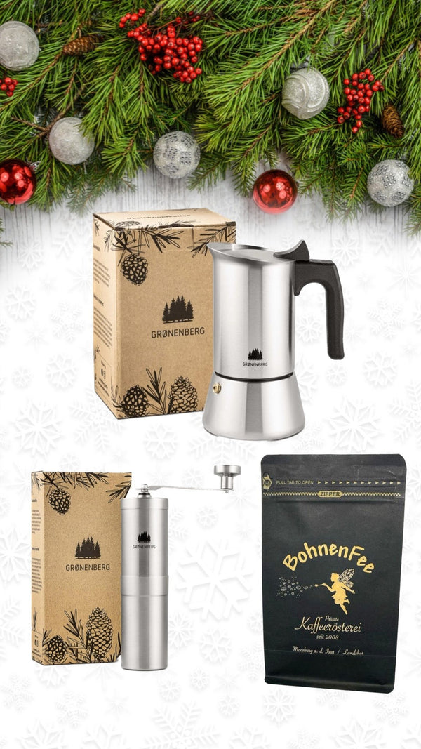 Espresso Set 2: Induction espresso maker (3 sizes) + manual coffee grinder + coffee beans