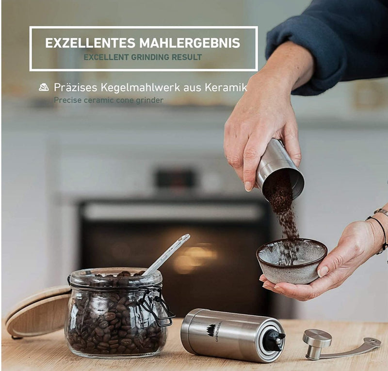 مطحنة القهوة اليدوية جرويننبرج مصنوعة من الفولاذ المقاوم للصدأ | مع مطحنة السيراميك وتعديل ستبليس