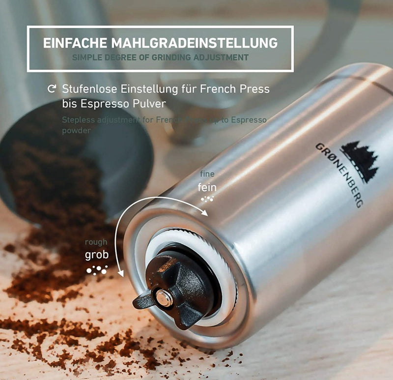 Groenenberg manuaalinen kahvimylly ruostumattomasta teräksestä | keraaminen hiomakone ja portaaton säätö