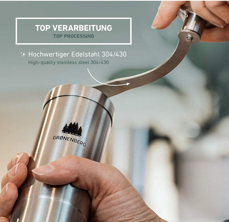Groenenberg Manuelle Kaffeemühle aus Edelstahl | mit Keramikmahlwerk & stufenloser Einstellung