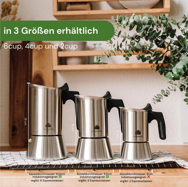 Groenenberg Edelstahl Espressokocher 1 - 2 Tassen (100 ml) | Induktion mit Ersatzdichtung