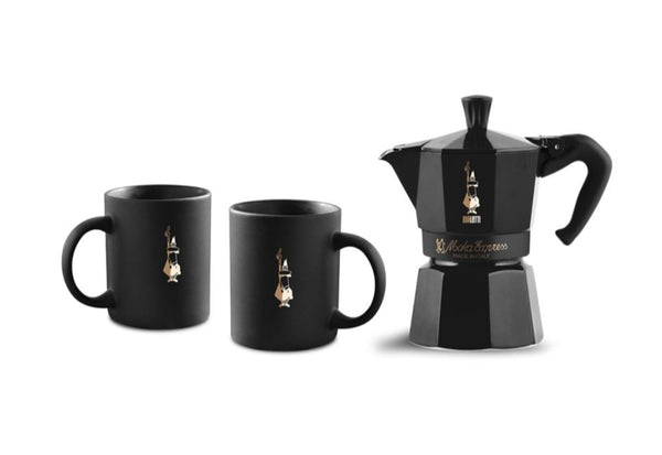 Bialetti Moka Express für 6 Tassen Set inkl. 2 Kaffeebecher, Schwarz/Gold
